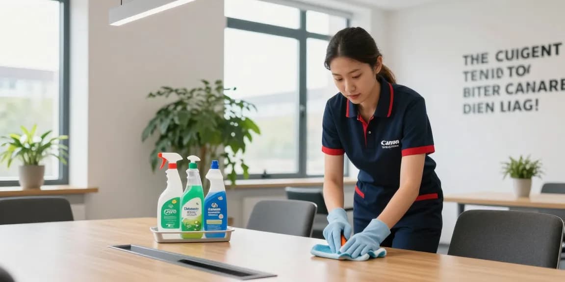 Cleaning professional at a modern office in Den Haag, showcasing efficient services from a reputable schoonmaakbedrijf den haag.