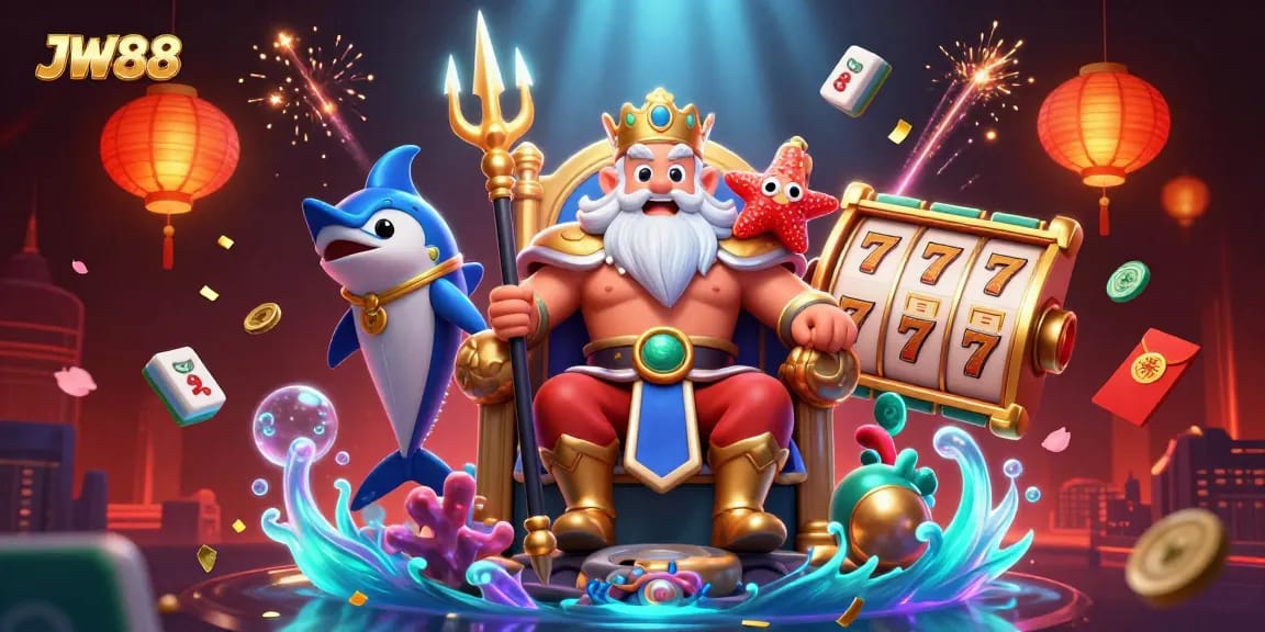 Experience the thrill of casino adventures with JW88 featuring majestic Neptune, samurai, and vibrant game elements.