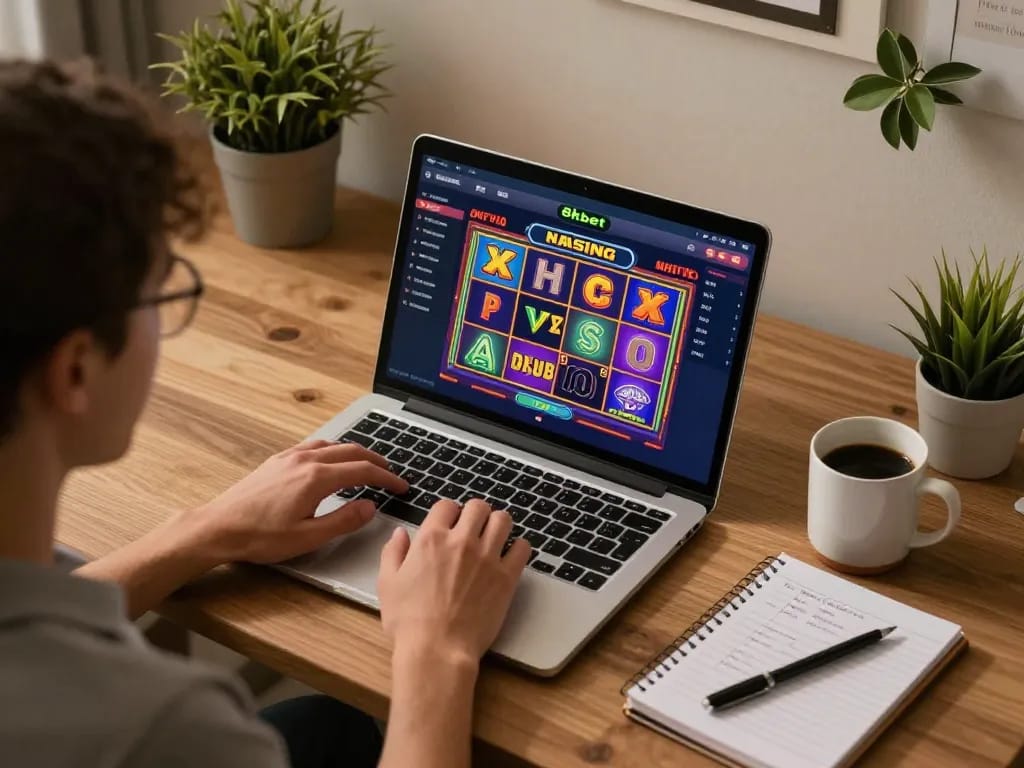 Player engaging with 8kbet online casino while strategizing with notes and a drink.