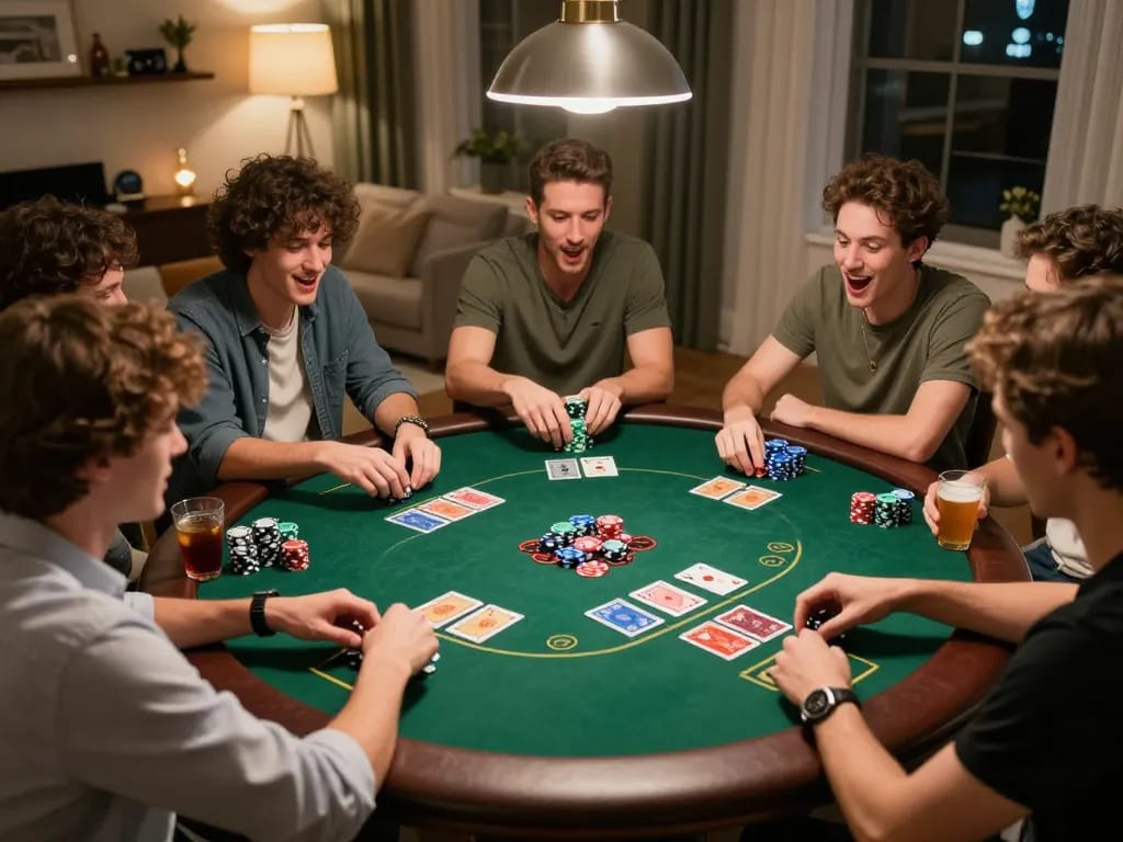 Players engaged in a thrilling poker game at home during a friendly night, showcasing strategy and excitement while using 79king.