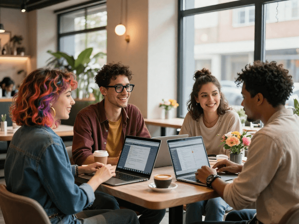 Engaging scene of diverse individuals connecting over f168dating in a cozy café.
