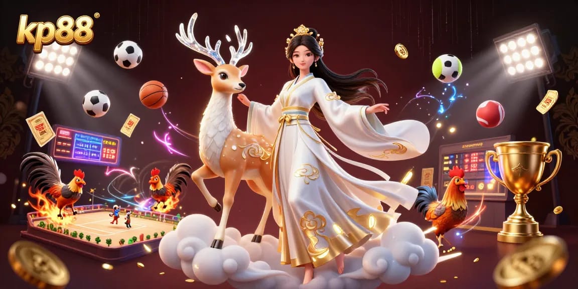 Engage with kp88 as a vibrant online casino featuring a mystical Asian woman and celestial elements.
