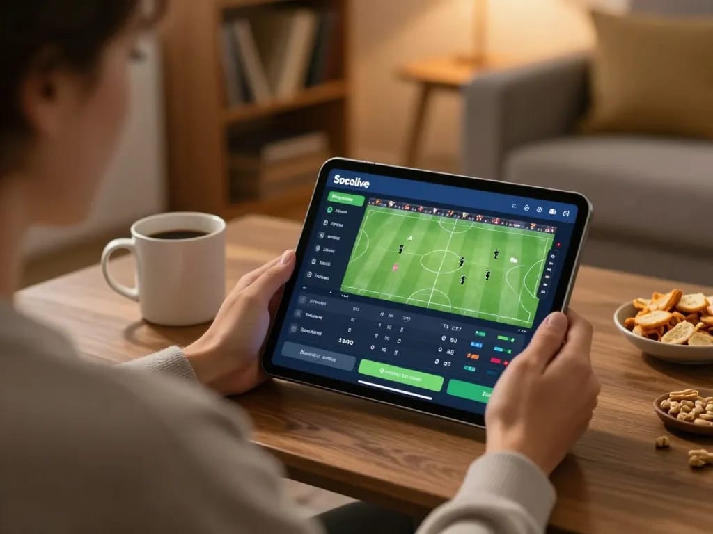 Socolive user engaging in online betting with live match stats on tablet in cozy home setting.