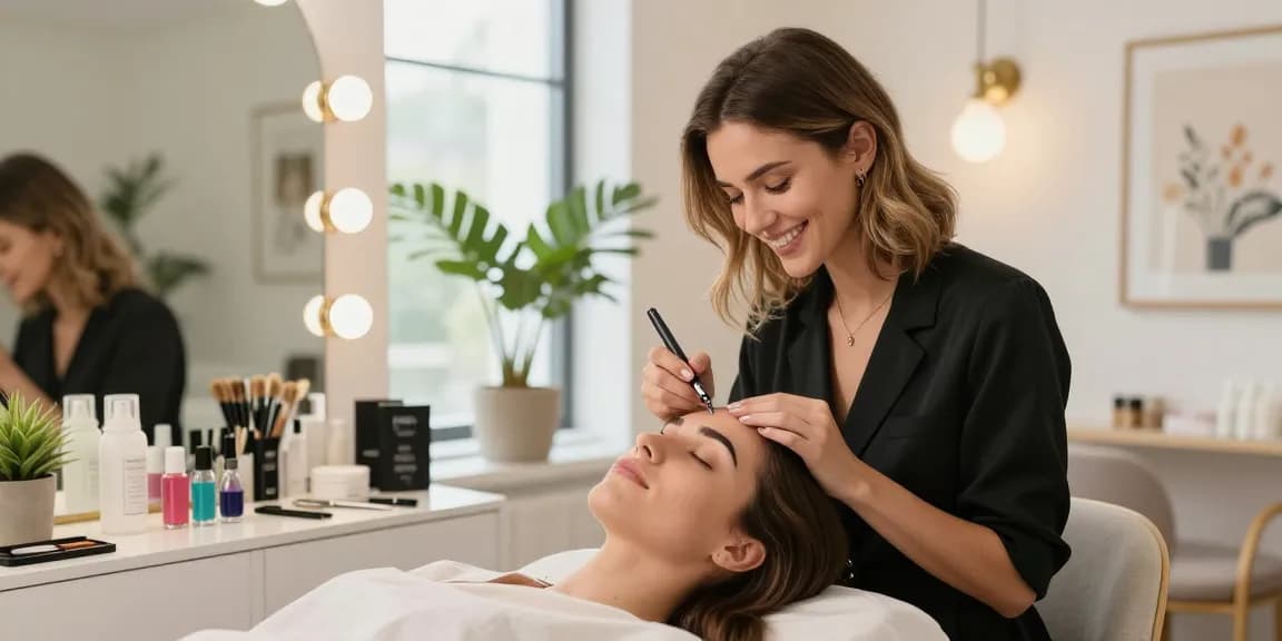Permanente make-up wenkbrauwen applicatie in een helder beauty studio dat vrouwen versterkt met vakkundig aangebrachte wenkbrauwmake-up.