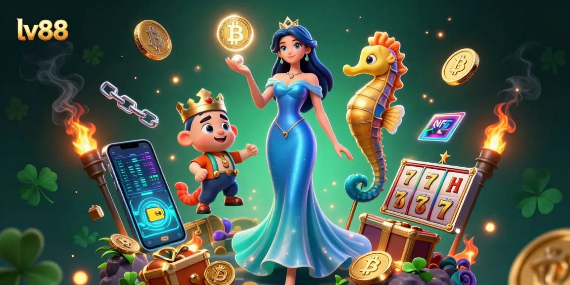 Spin the reels at lv88 with a dazzling scene of online gaming, featuring vibrant characters and crypto elements.