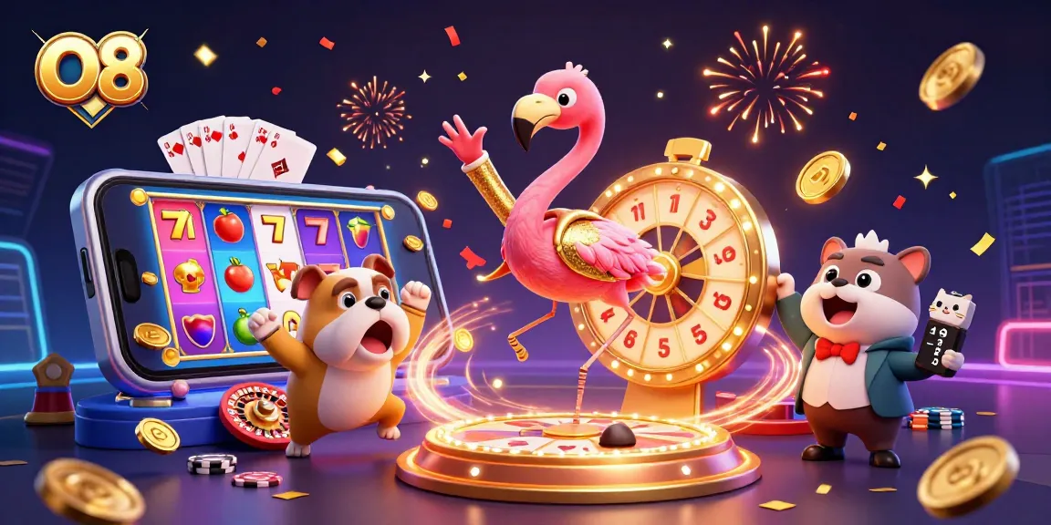 Spin to win at O8 with vibrant slot games and excited characters in a lively casino scene.
