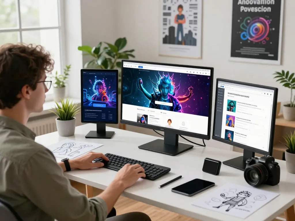 Innovative workspace featuring juicy ai web app on screens, showcasing AI-generated creativity and vibrant designs.