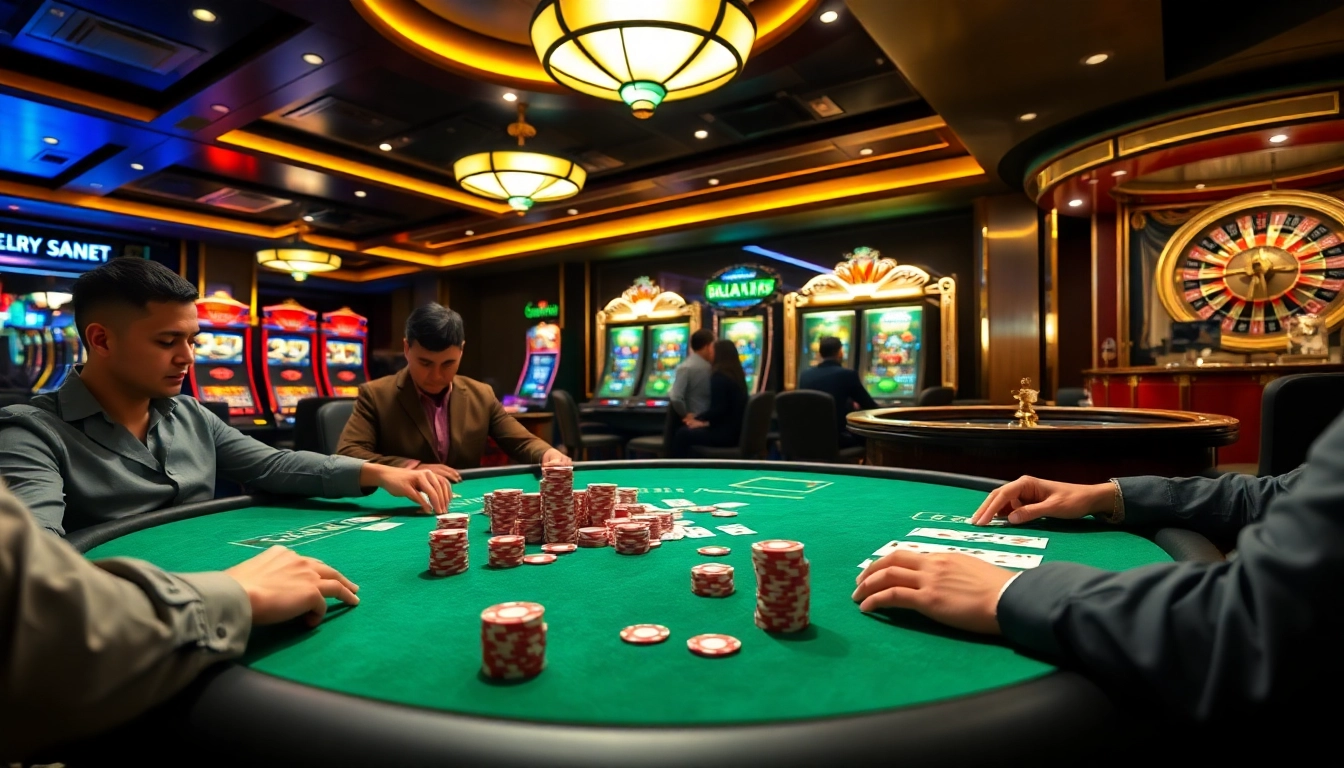 A thrilling poker game with vibrant chips and cards at a casino, highlighting the excitement of cm88.mobi.