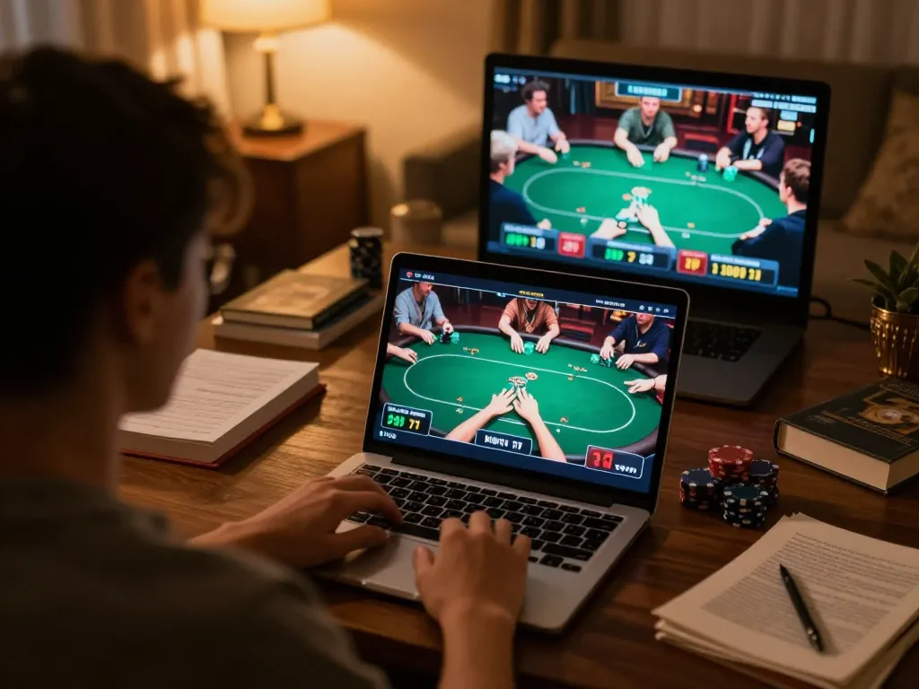 Players engage in an exciting online poker game on GA88 from a cozy home setting, showcasing strategic gameplay.