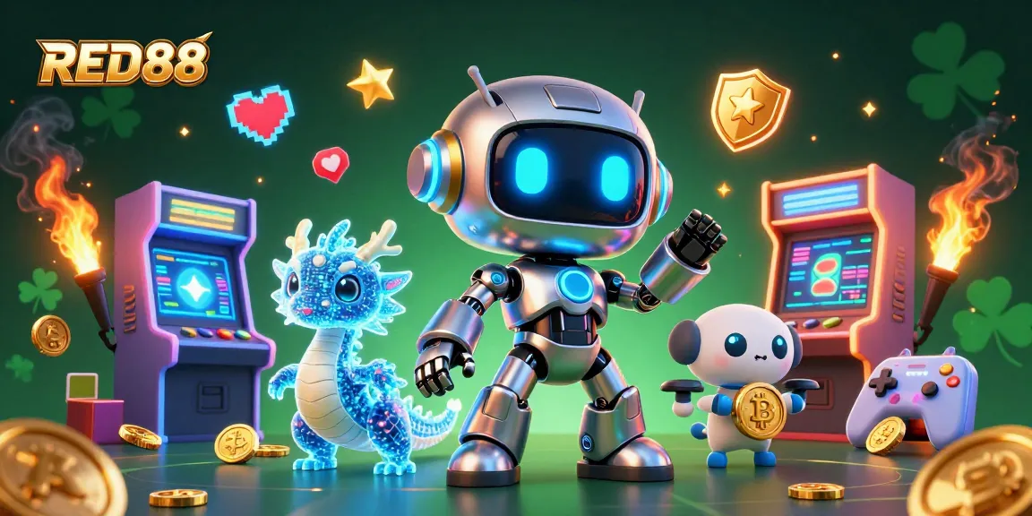 Join the action at RED88 with a vibrant 3D casino scene featuring exciting game elements and characters.