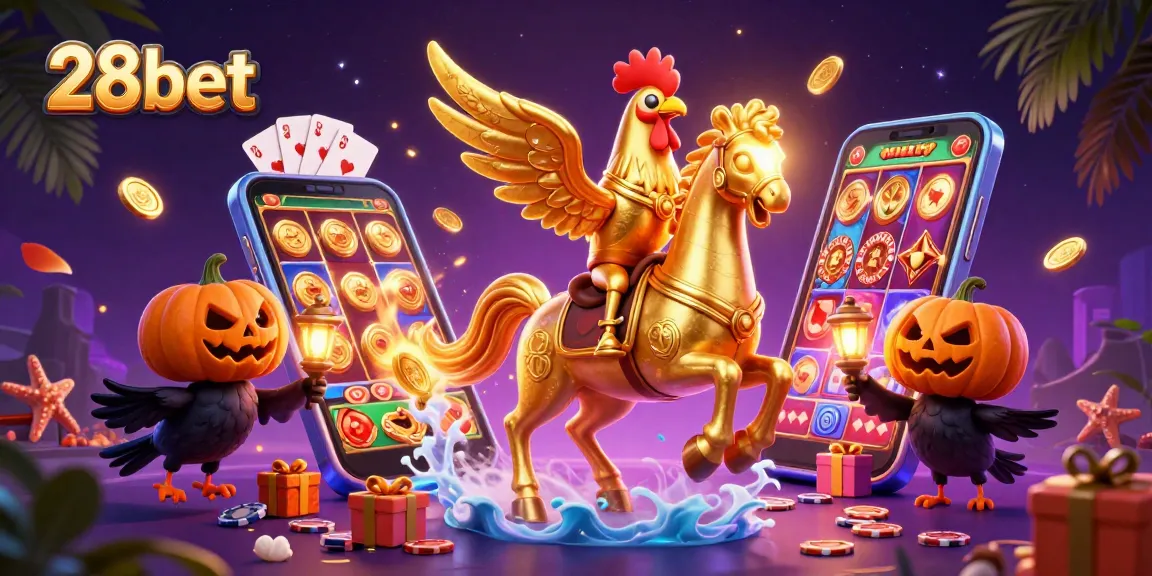 Experience the thrill of 28bet with a vibrant casino scene featuring a golden rooster and gaming action.