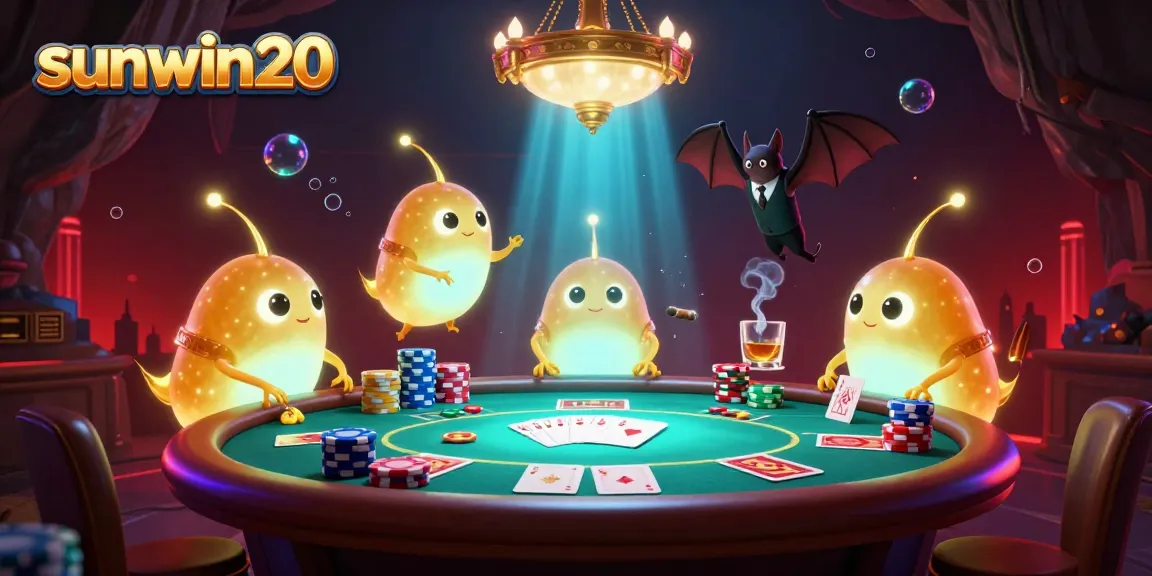 The glowworms illuminate the vibrant cave casino scene in a sunwin20-themed poker game with a bat dealer.