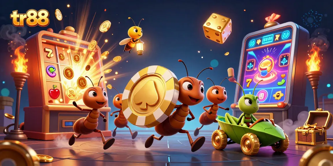 tr88 team of ants running a heist with golden poker chip amidst vibrant casino chaos
