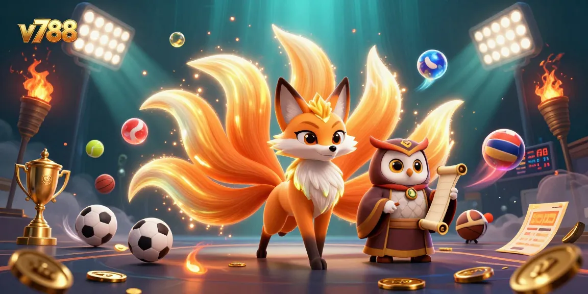 Play online and win big at v788 with a vibrant 3D casino illustration of spirit characters and sports elements.