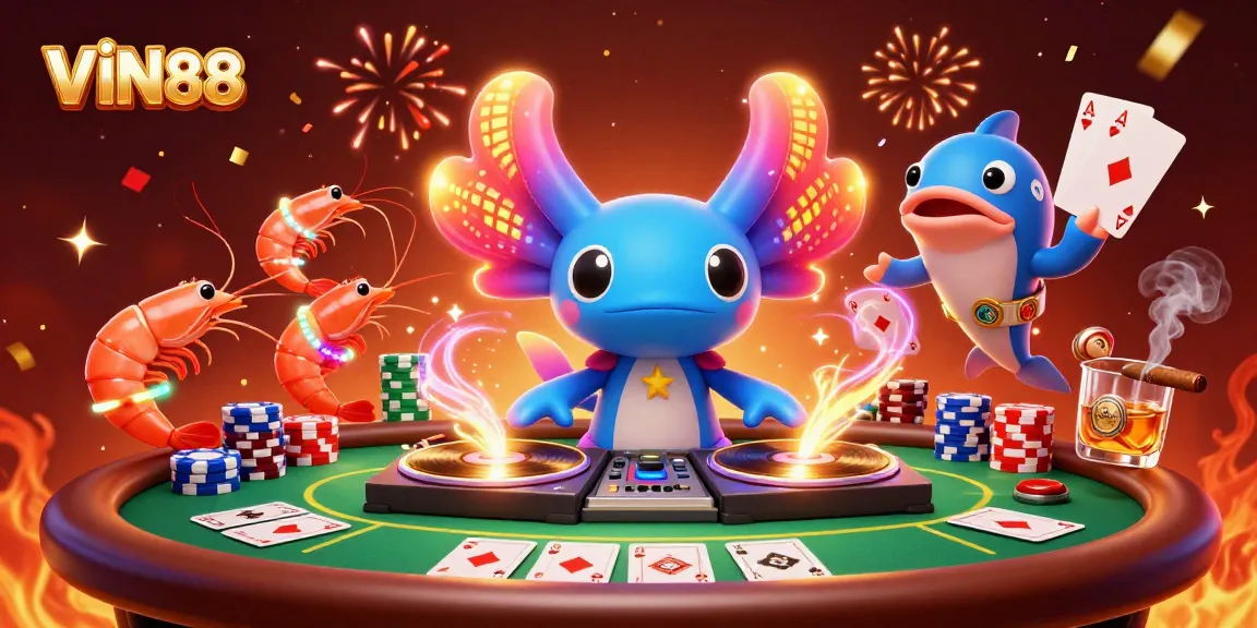 Experience lively gaming with VIN88's neon axolotl DJ and vibrant poker scene.