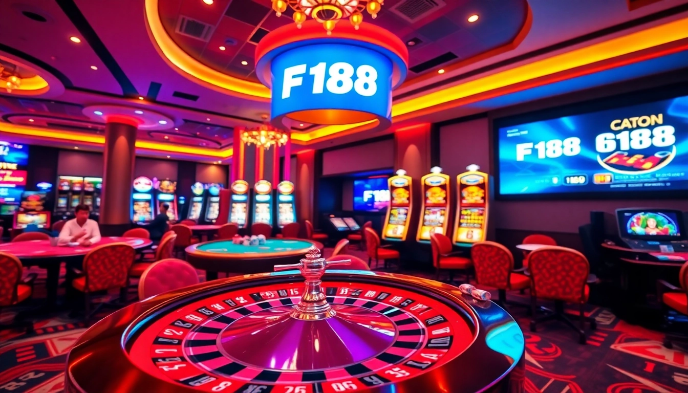 Experience the excitement of F168 with players enjoying poker and roulette in a luxurious casino setting.