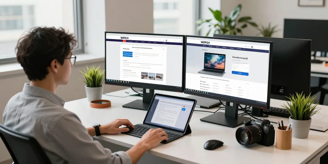 Efficient workspace showing the WPS Official Website on dual monitors for productivity.