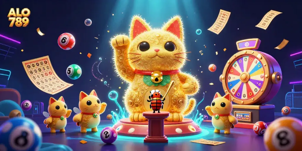 Engage with ALO 789 as a giant lucky cat waves amidst a dynamic casino scene filled with vibrant lottery balls and gold.
