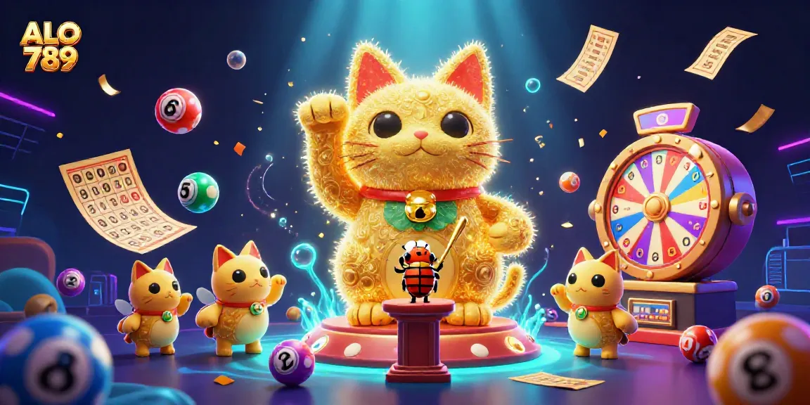 Engage with ALO 789 as a giant lucky cat waves amidst a dynamic casino scene filled with vibrant lottery balls and gold.