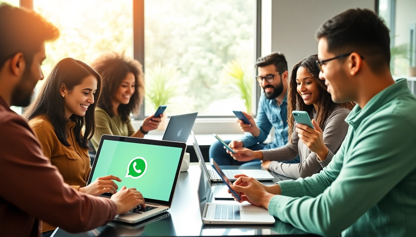年轻人在明亮、现代的工作空间使用 whatsapp在线登录。