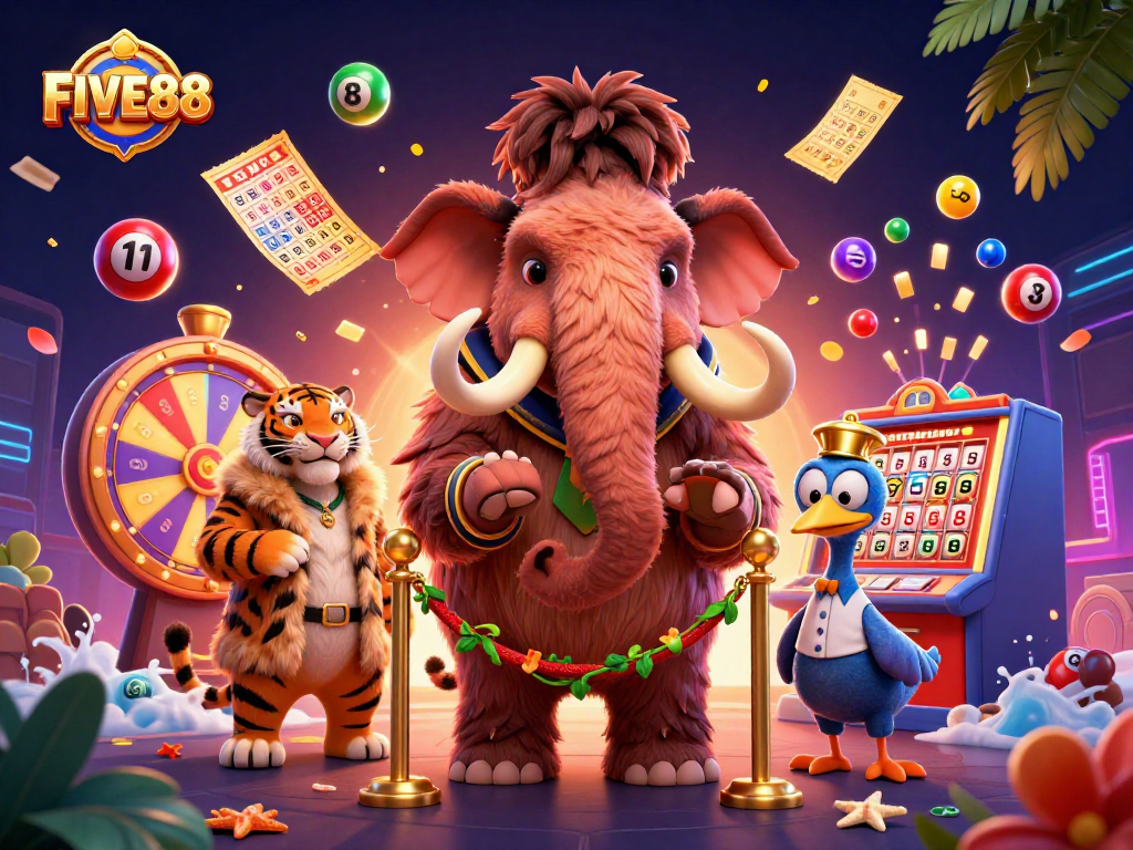 Check IDs with FIVE88 at this vibrant casino scene featuring colorful lottery elements and animal characters.