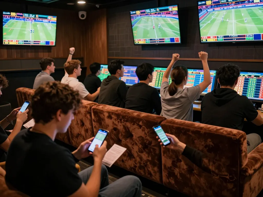 Engaged sports enthusiasts at a rokok 88 betting lounge, celebrating and strategizing their betting.