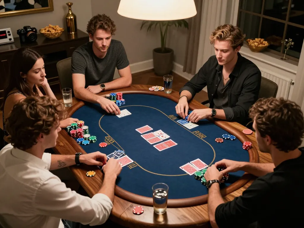 Friends enjoying a strategic Texas Hold'em game at home, embodying cm88 gaming spirit with vibrant chips and a cozy atmosphere.
