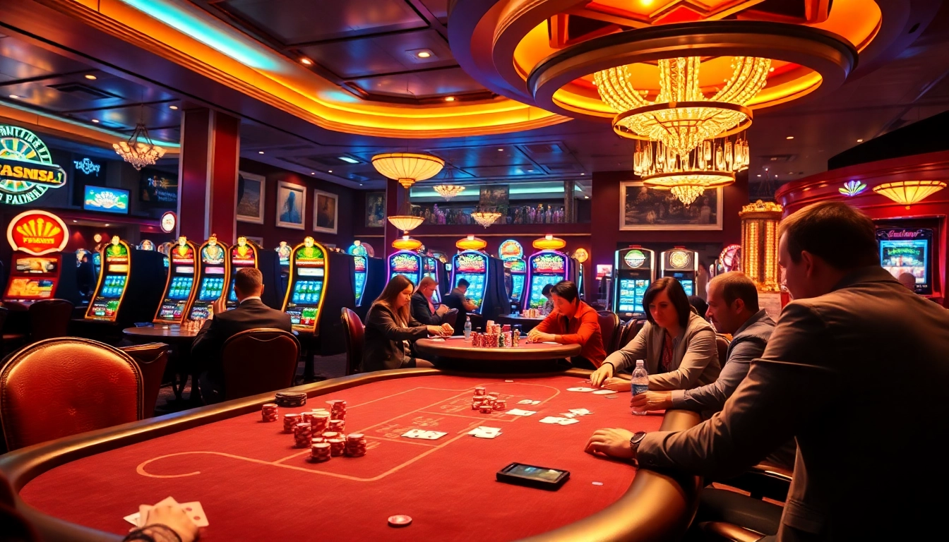Exciting casino atmosphere with high-stakes poker at https://du88.ad/ featuring vibrant chips and illuminating slot machines.
