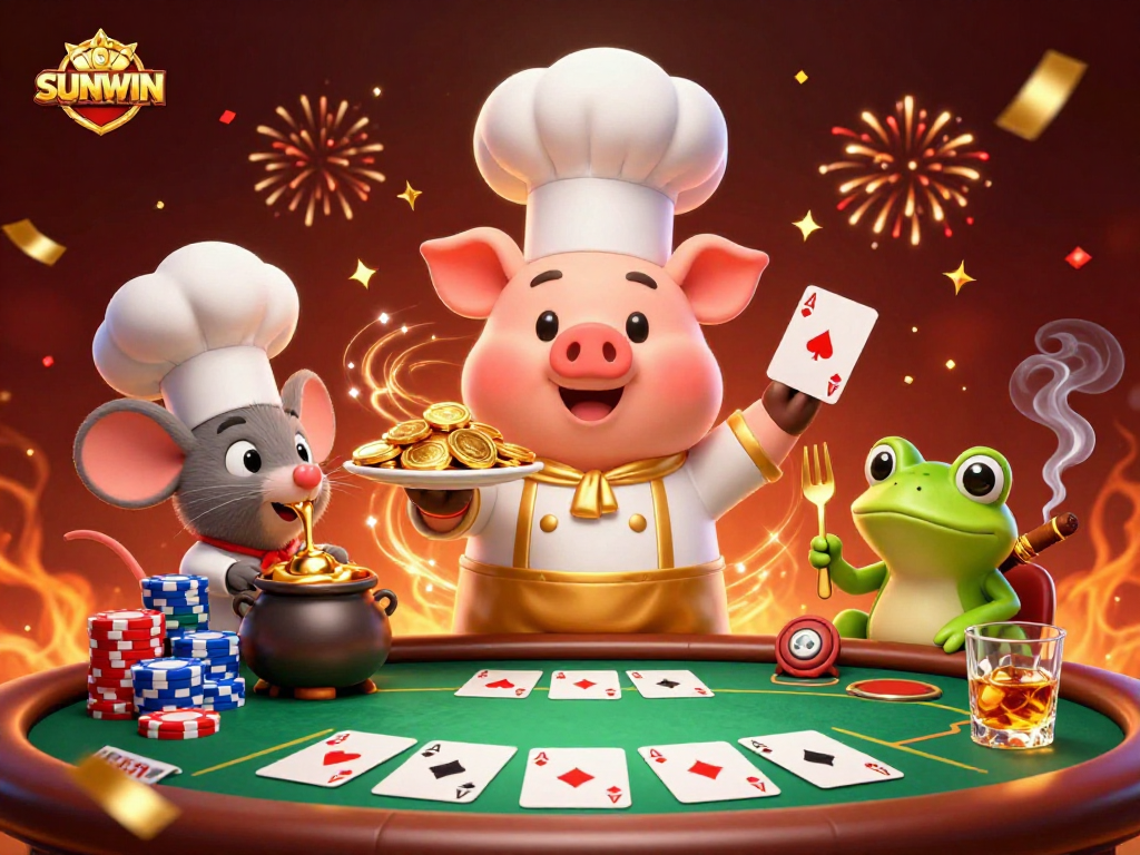 SUNWIN brings excitement through a vibrant 3D illustration showcasing a gourmet gold platter, poker elements, and festive characters.