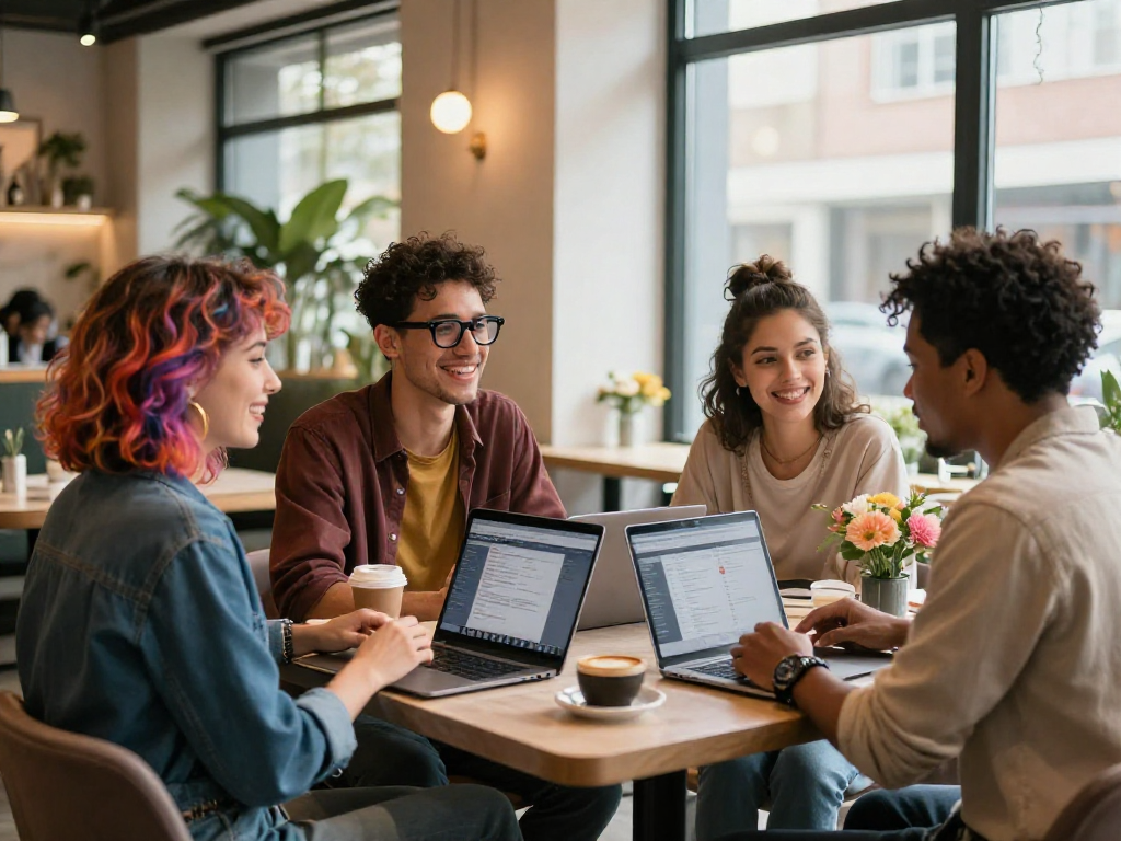 Engaging scene of diverse individuals connecting over f168dating in a cozy café.