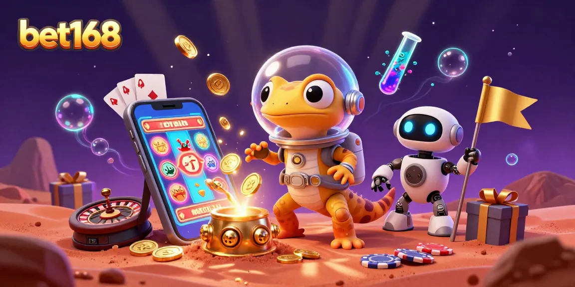 Experience the thrill of bet168 with a vibrant 3D casino scene featuring a Martian gecko and alien characters.