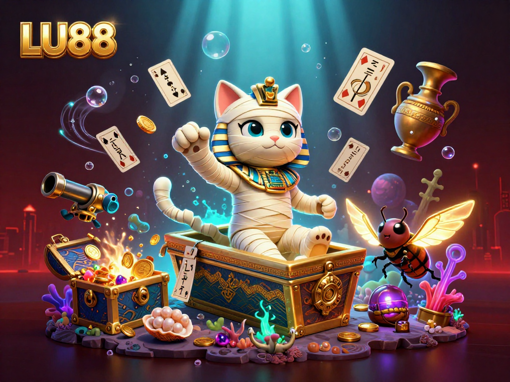 Join the excitement at LU88 as a mummy cat bursts from riches in a vibrant casino scene!