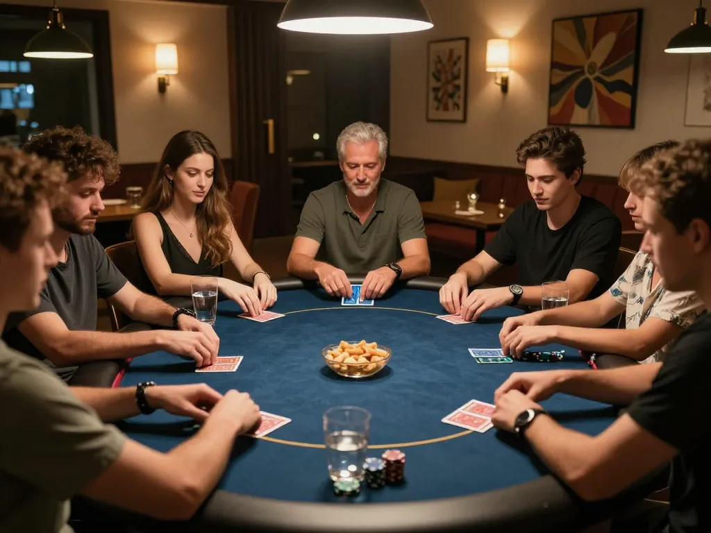 Players enjoy a strategic poker night at home, featuring TIP88 cards and chips in a warm ambiance.