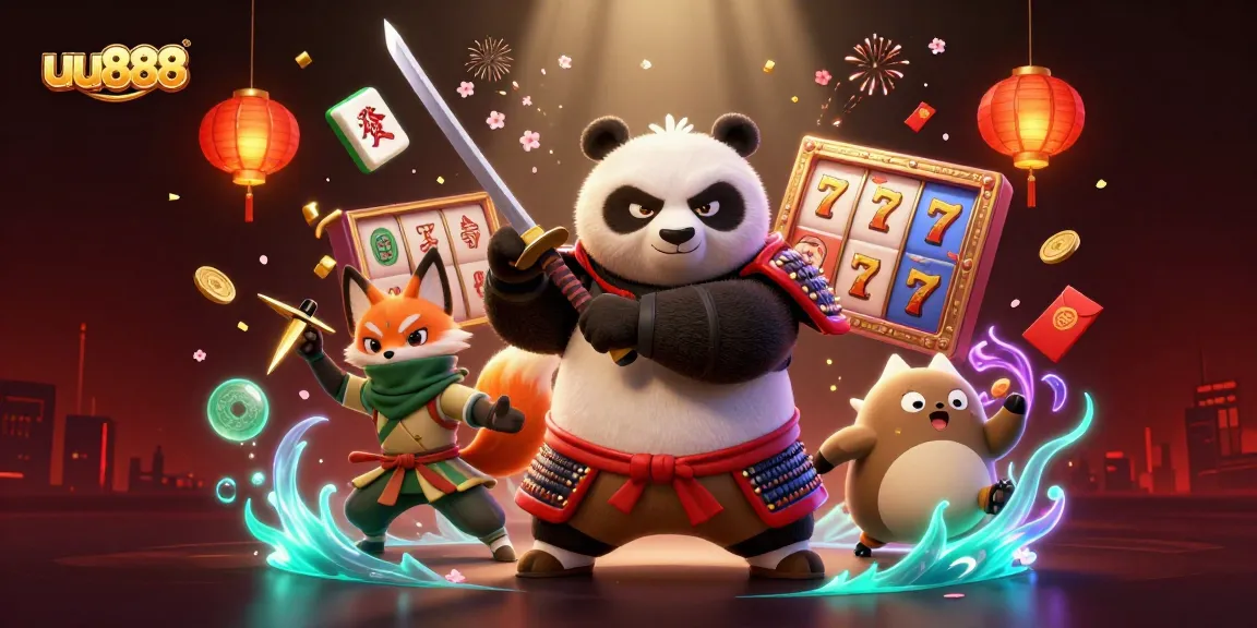 Play thrilling slots at uu888 with vibrant samurai and fox characters in a dynamic casino scene.
