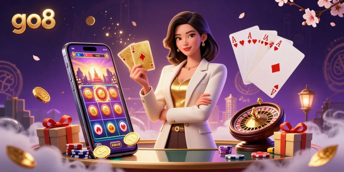Experience thrilling gameplay at go8 with a stylish Asian woman holding casino cards and vibrant slot game elements.