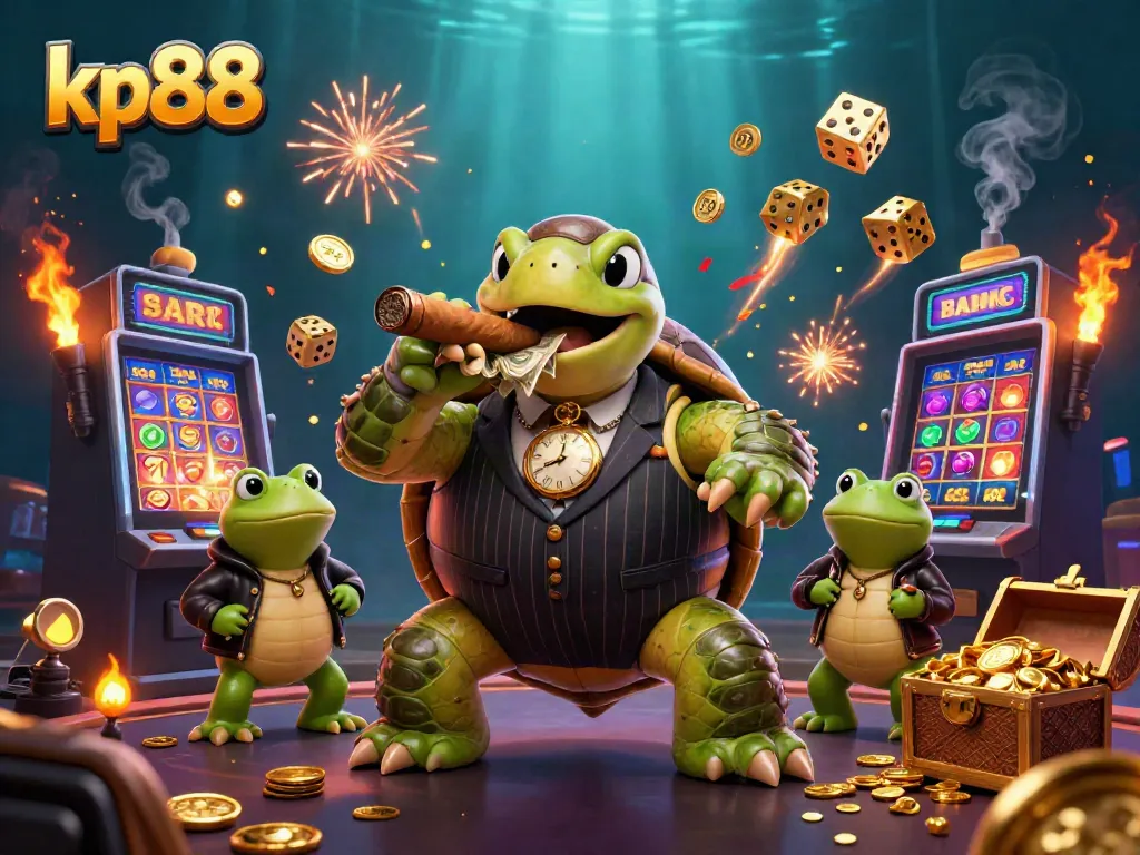 Experience thrilling jackpots with kp88's vibrant casino-themed illustration featuring a mobster turtle and enforcers.