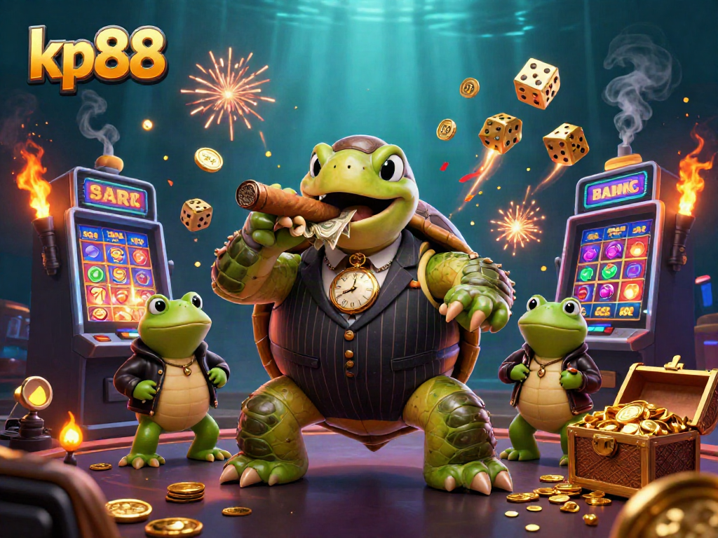 Experience thrilling jackpots with kp88's vibrant casino-themed illustration featuring a mobster turtle and enforcers.