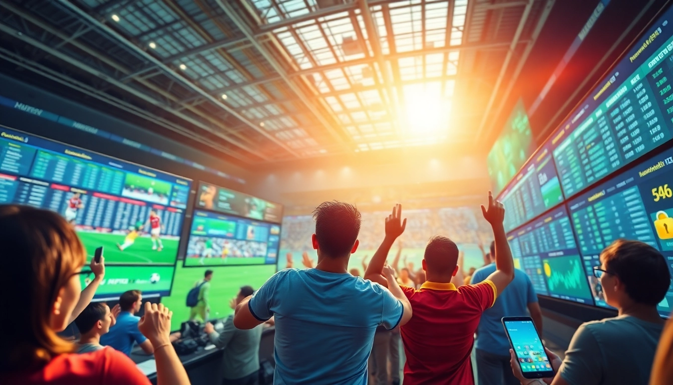 Exciting scene from https://cacuocbongda.cc/ showcasing dynamic sports betting action with players and screens.