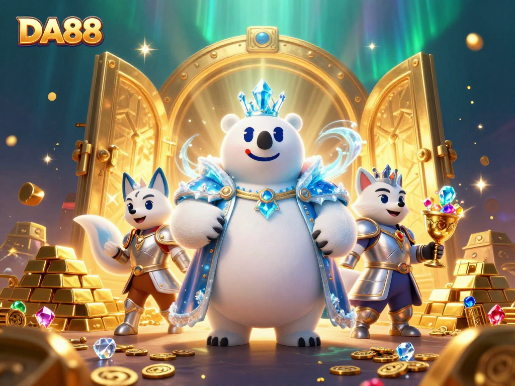 Experience thrilling wins at DA88 with vibrant casino adventure featuring a polar bear king and his fox companion.