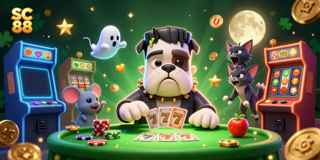 Experience thrilling gameplay at SC 88 with a lively animated casino scene featuring colorful characters and games.