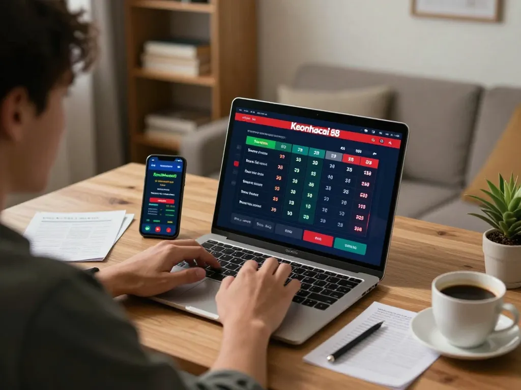 Engaging online gambling scene showcasing keonhacai 88 betting on a laptop and smartphone with strategic notes.
