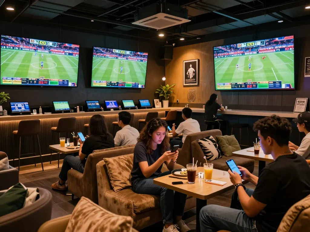 keonhacai5 engaging patrons in a vibrant sports betting lounge with mobile apps