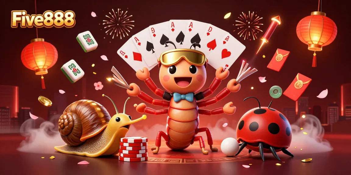 Engage with Five888's vibrant 3D casino scene featuring a millipede dealer and high-roller excitement.