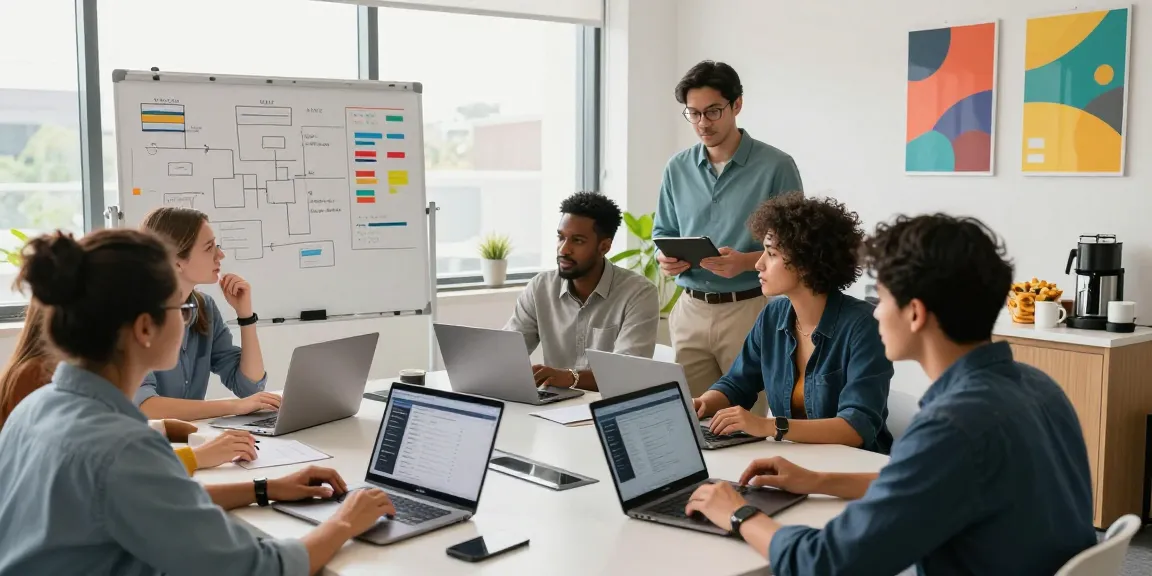 Build internal tools with AI through team collaboration in a modern workspace with tech devices and brainstorming elements.