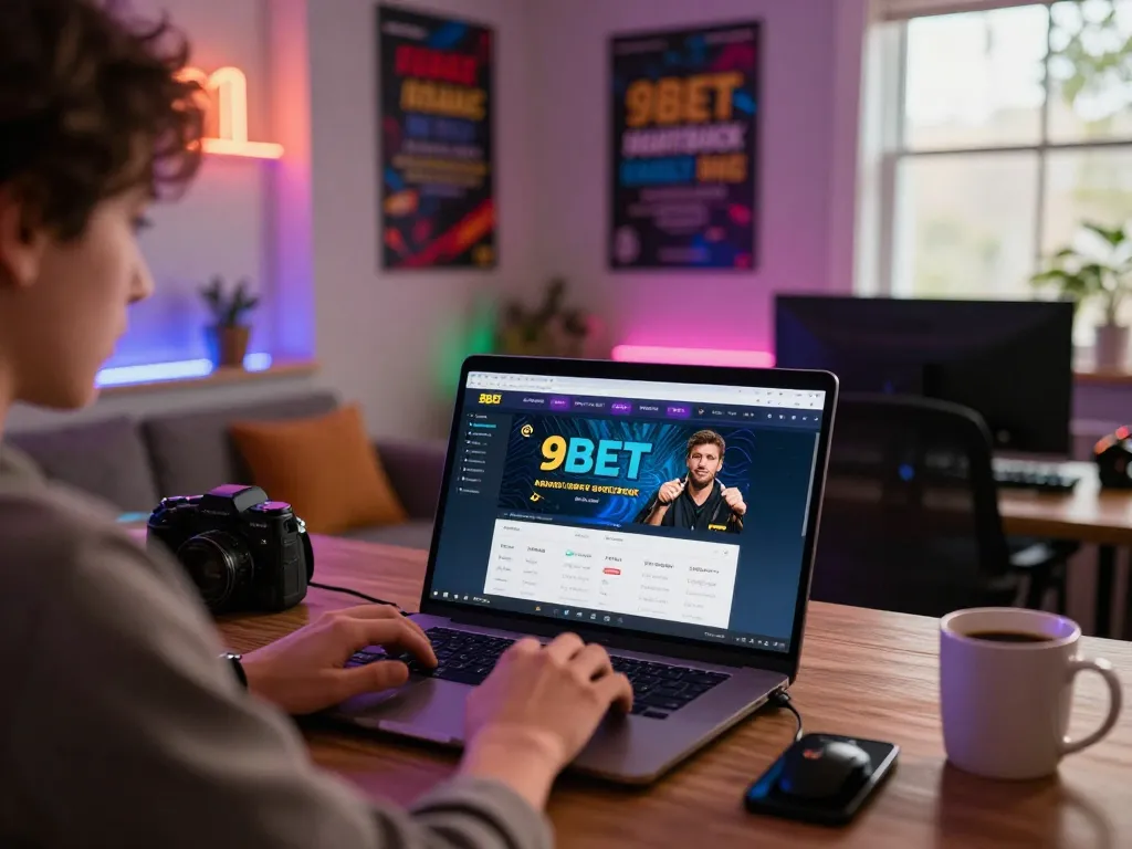 Player engaging with 9BET sportsbook interface on laptop during a cozy gaming session