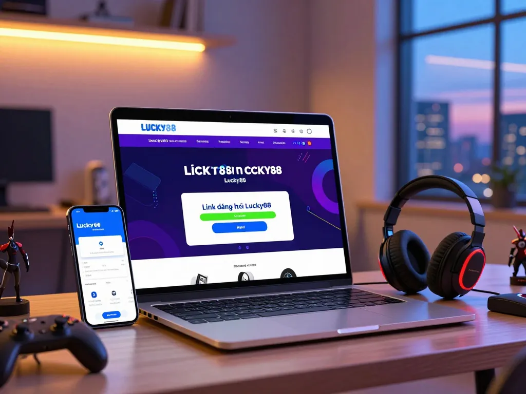 Interactive gaming setup highlighting the Link đăng ký Lucky88 registration process with a laptop and mobile app.