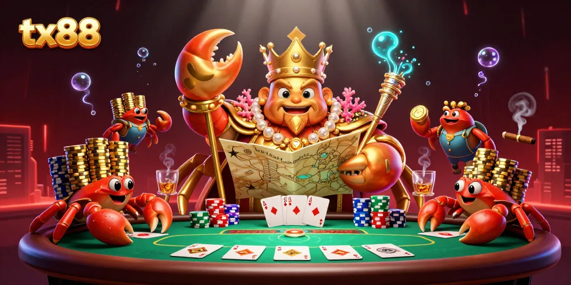 Experience the excitement of tx88 with a vibrant 3D scene showcasing a golden crab emperor at a poker table.