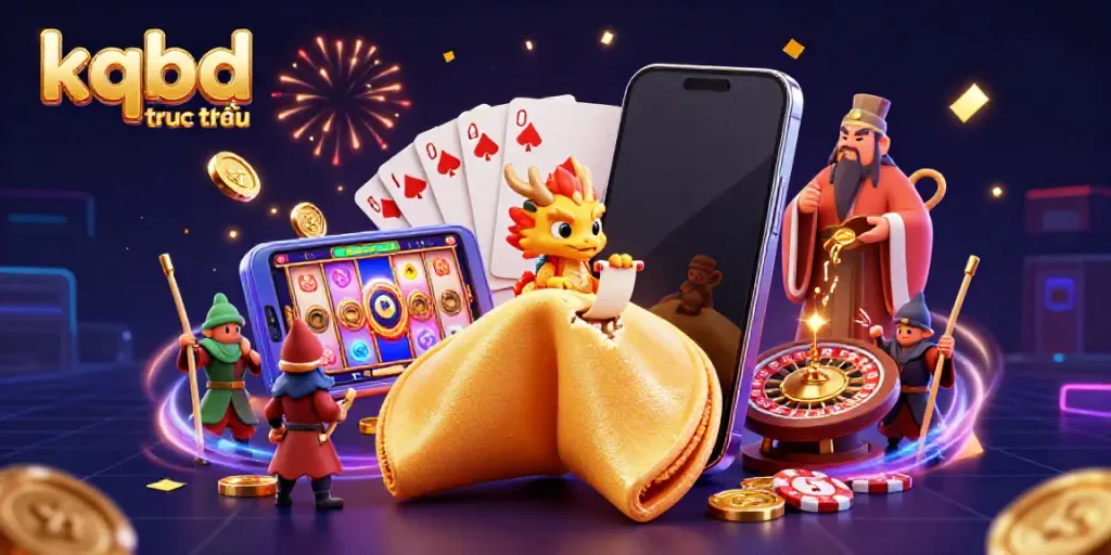 Engage with kqbd truc tiếp through an enchanting 3D scene featuring a golden fortune cookie and wise dragon amidst dynamic gaming elements.