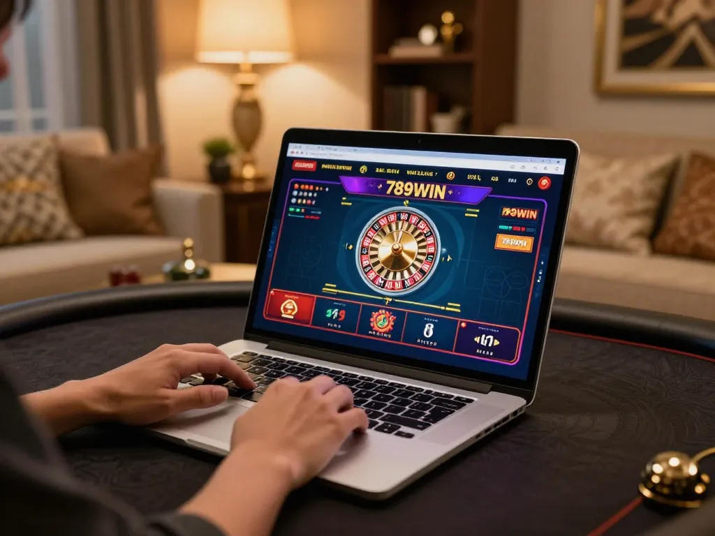 Engaging gameplay on 789WIN casino platform featuring vibrant roulette action and a cozy home atmosphere.