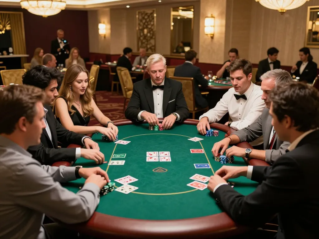 Players enjoy an exciting poker game at a luxurious casino, showcasing go 88 action and elite gameplay.